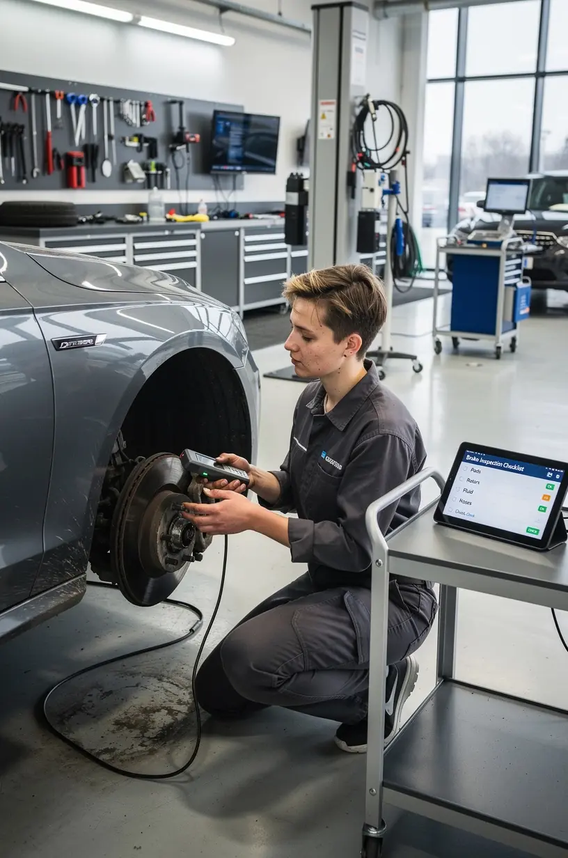 Mechaniker wechselt Motoröl bei einem Fahrzeug in einer modernen Werkstatt.